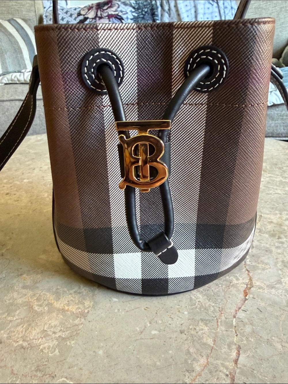 Burberry Brown, Black and White Check Mini Drawstring Bucket Bag with Gold TB